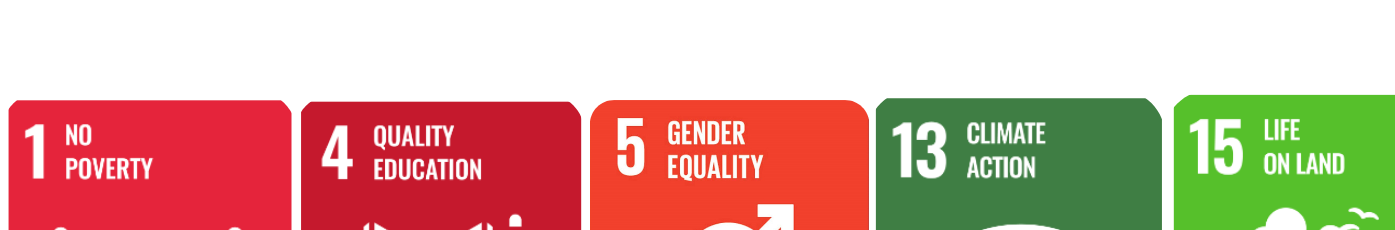 UN Sustainable Development Goals 1 No Poverty, 4 Quality Education, 5 Gender Equality, 13 Climate Action, and 15 Life on Land